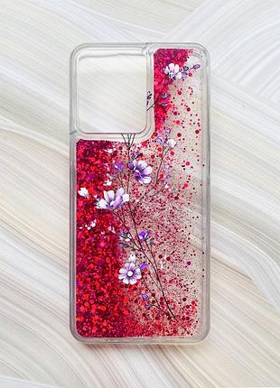 Чехол с плавающими блестками на xiaomi redmi 13c / poco c65 розовый веточка цветов (принт 278)