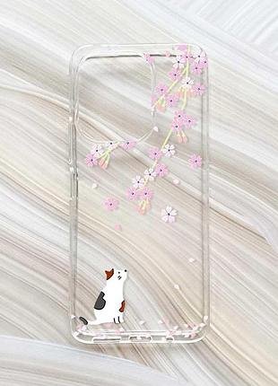 Прозорий чохол на xiaomi redmi 13 котик і сакура (принт 283)