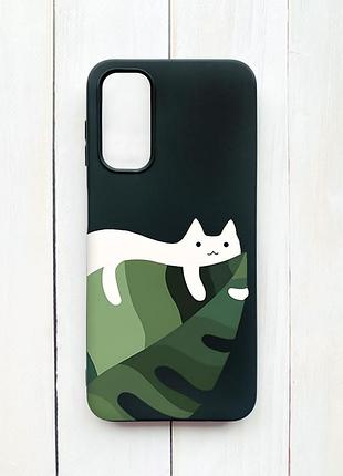 Матовий чохол на samsung galaxy a14 5g чорний кіт на листку (принт 367)