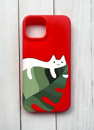 Матовый чехол на iphone 15 красный кот на листе (принт 367)