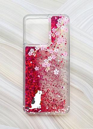 Чехол с плавающими блестками на xiaomi redmi 13c / poco c65 розовый котик и сакура (принт 283)