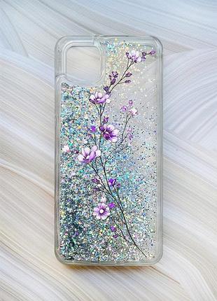 Чехол с плавающими блестками на samsung galaxy a04 серебристый веточка цветов (принт 278)