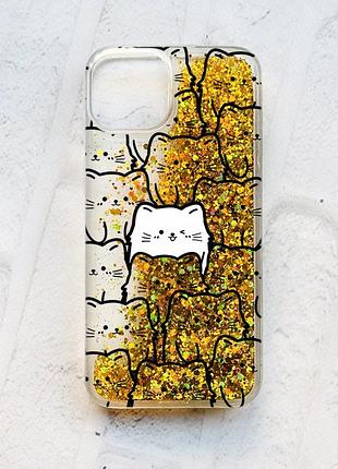 Чехол с плавающими блестками на iphone 14 золотой котики (принт 392)