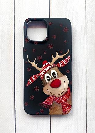 Матовый чехол на iphone 15 черный зимний олень (принт 149)