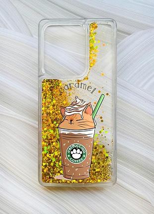 Чехол с плавающими блестками на xiaomi redmi note 13 4g золотой капучино котик (принт 97)