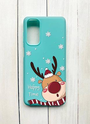 Матовый чехол на samsung galaxy m54 бирюзовый зимний оленёнок (принт 155)