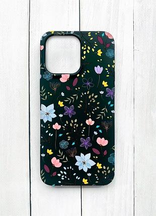 Матовый чехол на iphone 15 pro max черный цветочный фон (принт 267)
