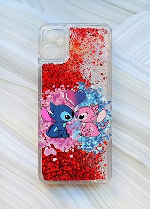 Чехол с плавающими блестками на samsung galaxy a05 (a055) красный стич и ангел (принт 391)