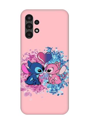 Матовый розовый чехол на samsung a13 4g стич и ангел (принт 391)