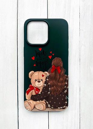 Матовый чехол на iphone 15 pro max черный девушка с мишкой (принт 188)