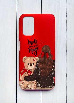 Матовый чехол на xiaomi redmi 9t красный девушка с мишкой (принт 188)