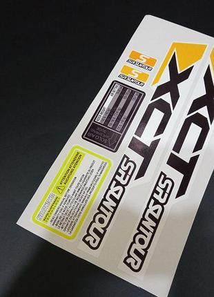 Жовтогарячі з білим наклейки на вилку пір'я сантоур сантур suntour sr xct велосипеда штани