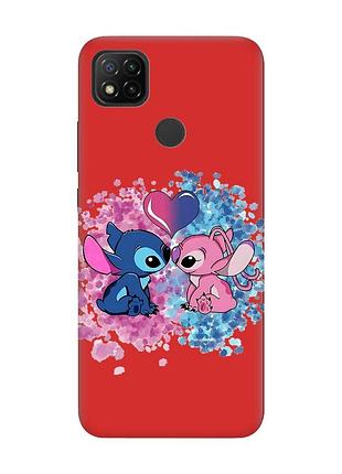 Матовый красный чехол на xiaomi redmi 9c/10a стич и ангел (принт 391)