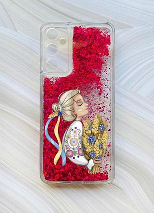 Чехол с плавающими блестками на samsung galaxy a25 (a256) розовый украинка с колосками (принт 173)