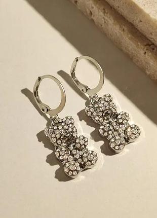 Серьги мишки серебро стразы