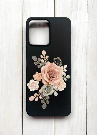 Матовый чехол на xiaomi redmi 12 черный розы (принт 275)