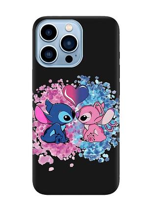 Матовый черный чехол на apple iphone 13 pro max стич и ангел (принт 391)