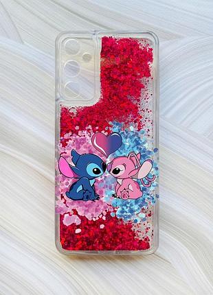 Чехол с плавающими блестками на samsung galaxy a25 (a256) розовый стич и ангел (принт 391)