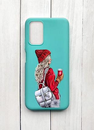 Матовий чохол на xiaomi redmi 9t бірюзовий дівчина з рюкзаком (принт 9)