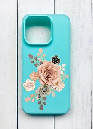 Матовый чехол на iphone 15 pro бирюзовый розы (принт 275)