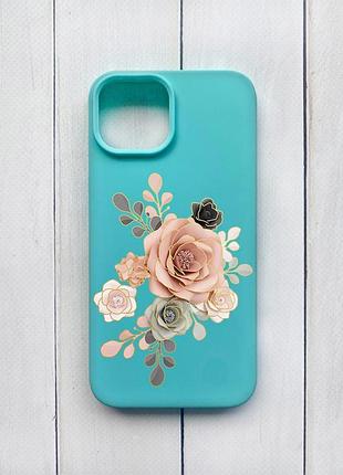 Матовый чехол на iphone 15 бирюзовый розы (принт 275)