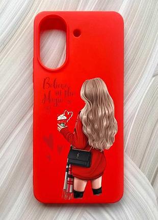 Матовый красный чехол на xiaomi redmi 13c / poco c65 девушка с кофе (принт 137)