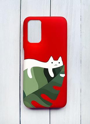 Матовый чехол на xiaomi redmi 9t красный кот на листе (принт 367)