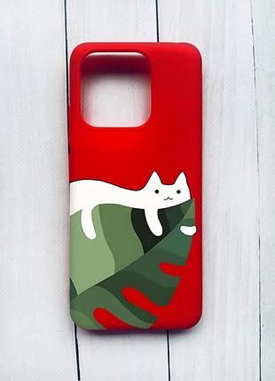 Матовый чехол на xiaomi redmi 12c красный кот на листе (принт 367)