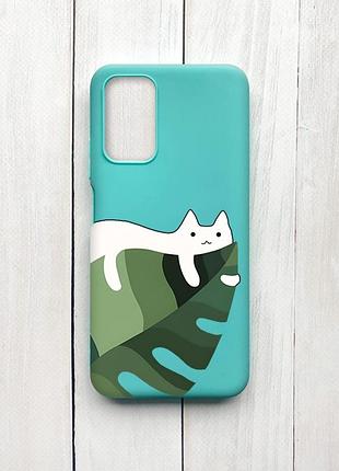 Матовий чохол на xiaomi redmi 9t бірюзовий кіт на листку (принт 367)