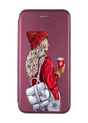 Чохол-книжка з малюнком для samsung galaxy a54 5g (a546) бордовий дівчина з рюкзаком (принт 9)