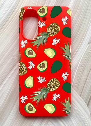 Матовый красный чехол на xiaomi redmi 13c / poco c65 авокадо и ананас (принт 304)