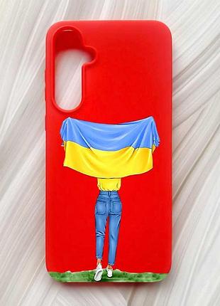 Матовый красный чехол на samsung galaxy a55 (a556) девушка с флагом (принт 263)
