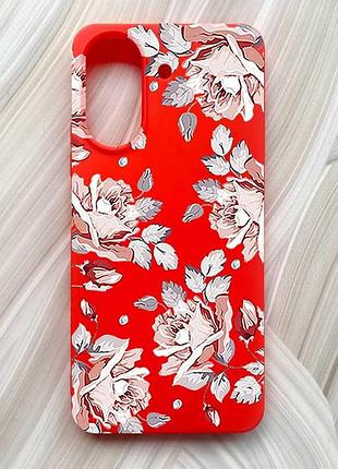 Матовый красный чехол на xiaomi redmi 13c / poco c65 фон розы (принт 273)