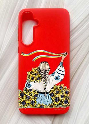 Матовый красный чехол на samsung galaxy a55 (a556) девушка с лентой (принт 25)