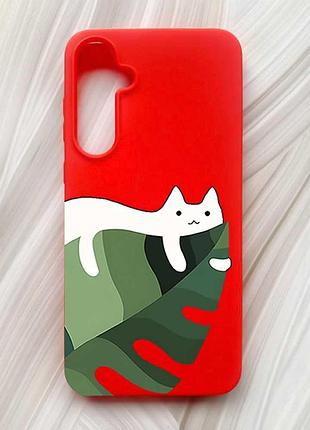 Матовый красный чехол на samsung galaxy a55 (a556) кот на листе (принт 367)
