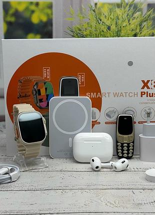 Комплект x8plus smart watch ultra 2 + pro + павербанк + телефон white