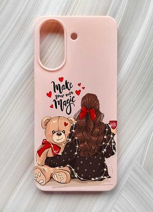 Матовый розовый чехол на xiaomi redmi 13c / poco c65 девушка с мишкой (принт 188)