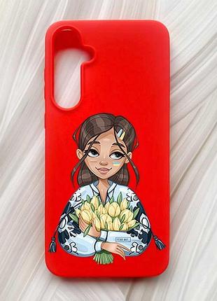 Матовый красный чехол на samsung galaxy a55 (a556) девушка с тюльпанами (принт 22)
