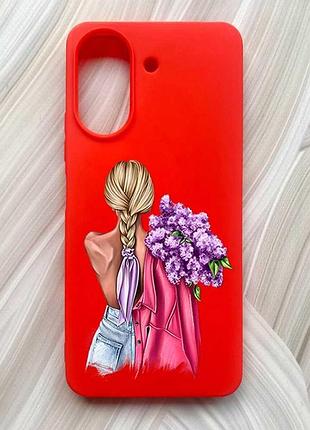 Матовый красный чехол на xiaomi redmi 13c / poco c65 девушка с сиренью (принт 7)