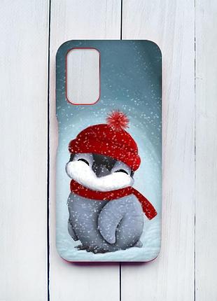 Матовый чехол с красными боками на xiaomi redmi 9t пингвинёнок в шапочке (принт 157)