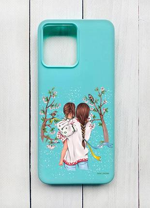 Матовый чехол на xiaomi redmi 12 бирюзовый мама с дочуркой (принт 27)