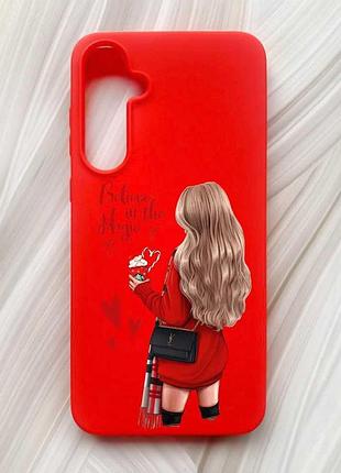 Матовый красный чехол на samsung galaxy a55 (a556) девушка с кофе (принт 137)