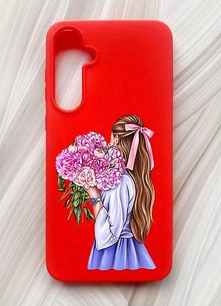 Матовый красный чехол на samsung galaxy a55 (a556) девушка с пионами (принт 11)