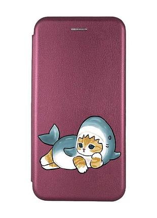 Чохол-книжка з малюнком для samsung galaxy a54 5g (a546) бордовий котик акула (принт 355)