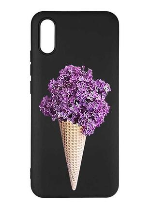 Матовый черный чехол на xiaomi redmi 9a сиреневый рожок (принт 281)