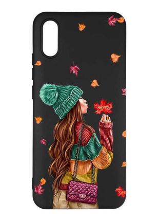 Матовый черный чехол на xiaomi redmi 9а девушка с листьями (принт 221)