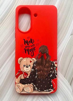 Матовий червоний чохол на xiaomi redmi 13c / poco c65 дівчина з ведмедиком (принт 188)