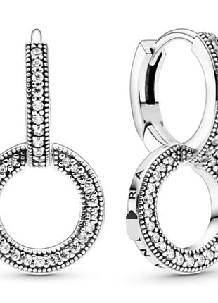 Сережки пан-ра подвійне коло pave, pan-ra 925 проба, срібні сережки з сердечками, паве з гравіюванням