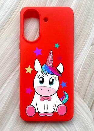 Матовый красный чехол на xiaomi redmi 13c / poco c65 единорог (принт 102)