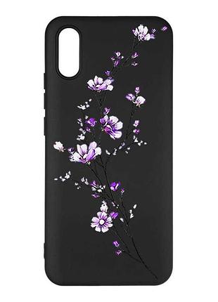 Матовый черный чехол на xiaomi redmi 9a веточка цветов (принт 278)